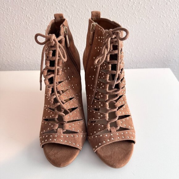 JESSICA SIMPSON | Barlette Brown Studded Open Toe Lace Up Wedge Bootie | Brown - Picture 3 of 10